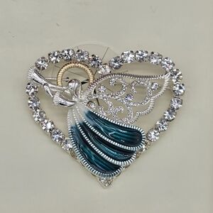 Elegant Silver and Blue Heart Brooch Angel New In Gift Box